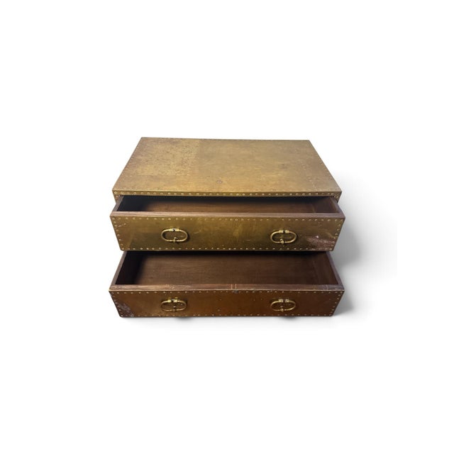 Mid 20th Century Vintage Sarreid Ltd. Spanish Brass-Clad Two-Drawer Campaign Chest For Sale - Image 5 of 11