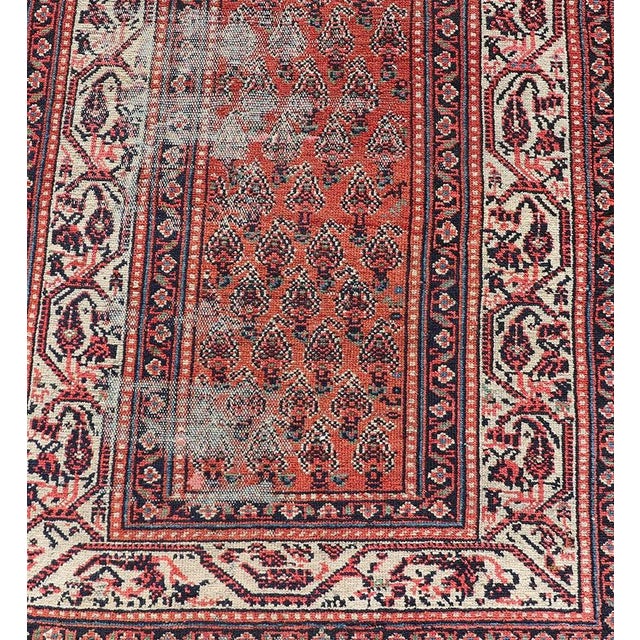 Tribal Distressed Antique Persian Malayer Runner With Field of Paisleys Design in Red 3'2"x15'2" For Sale - Image 3 of 12