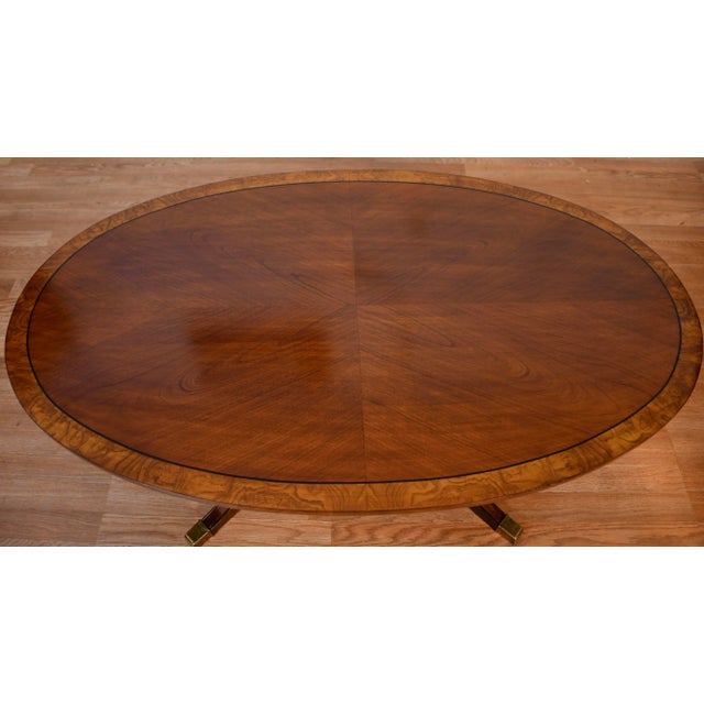 1940s English Regency Style Walnut Banded Satinwood Oval Top Coffee Table For Sale - Image 12 of 14