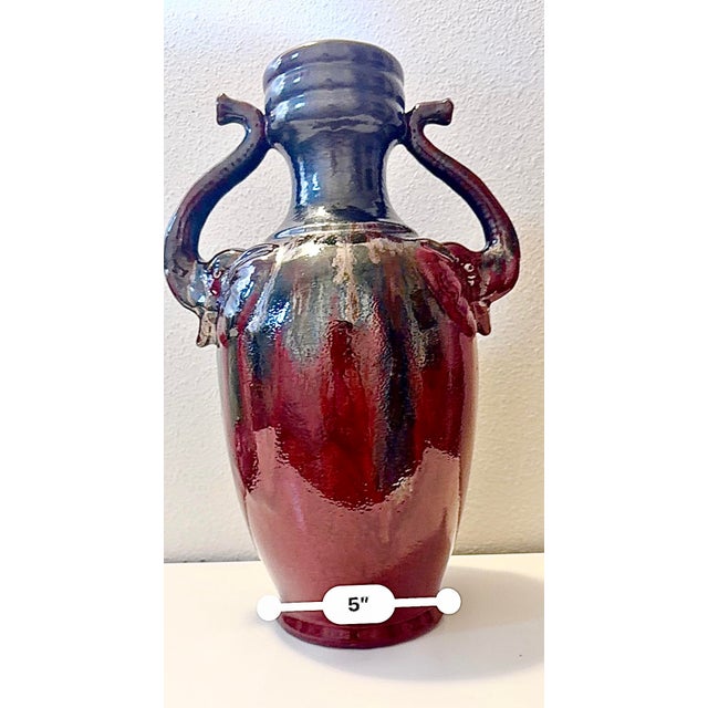 1900 - 1909 Vintage Oxblood Amphora Vase, Art Deco Red Elephant Handle, Cobalt Drip Glaze For Sale - Image 5 of 12