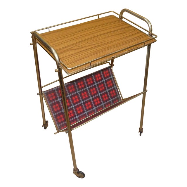 Formica Newspaper Rack with Red Checkered Shelf and Wheels, 1960s For Sale