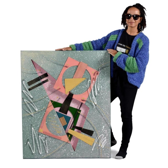 Abstract Vintage 1980s Memphis Style 3d Abstract Geometric Mixed Media Combine Painting For Sale - Image 3 of 11