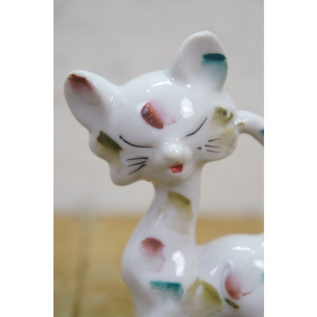 Mid Century Japan Porcelain Long Neck Cat Figurines Calico Splatter Pair 1950s For Sale - Image 9 of 11