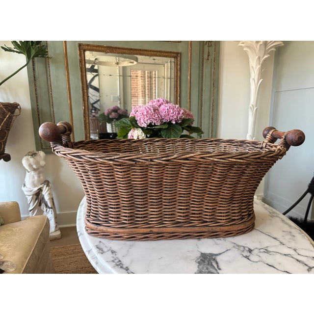 Vintage French Wicker Basket With Turned Wood Handles & Wood Slatted Base For Sale - Image 13 of 16