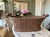 Vintage French Wicker Basket With Turned Wood Handles & Wood Slatted Base For Sale - Image 13 of 16