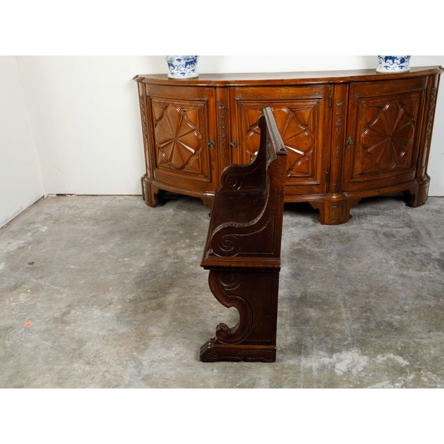 Italian 19th Century Walnut Hall Bench with Carved Back and Large Volutes For Sale - Image 12 of 12