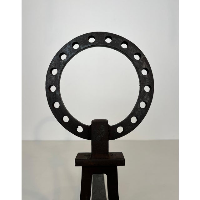 Pair of modernist wrought iron andirons in the style of Gilbert Poillerat For Sale - Image 9 of 12