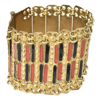 Vintage Grecian Gold Plated Cuff Bracelet With Red and Black Enamel, 1950's For Sale