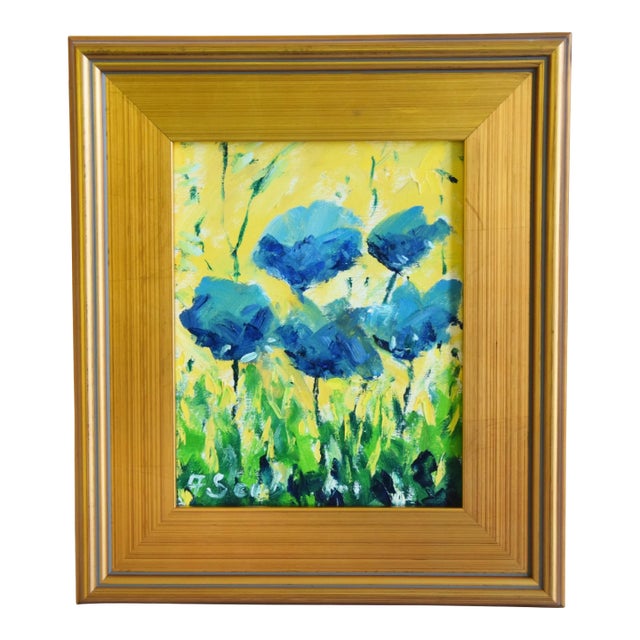 Impressionist Blue Poppies Floral Flowers Oil Painting W/ Antiqued Gold Wood Frame For Sale