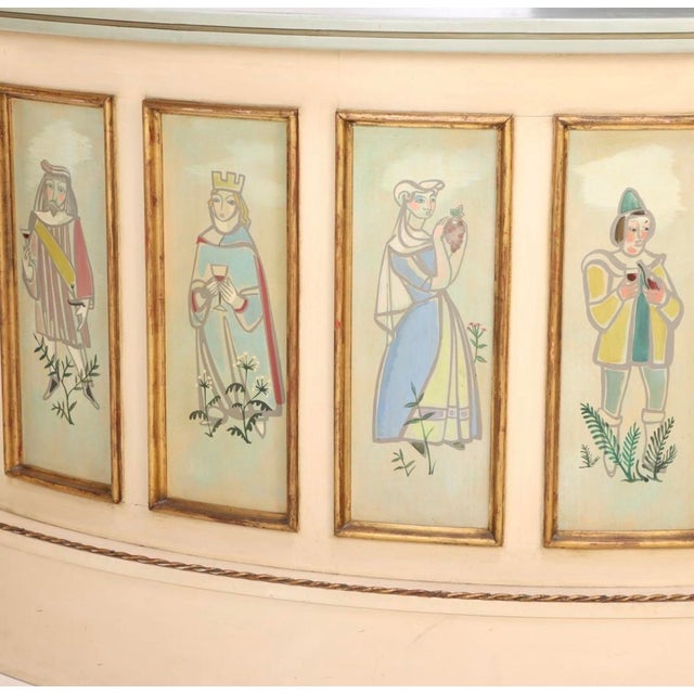 Exquisite Italian mid-century cocktail bar cabinet, hand-painted with exquisite design. Functional shelving for glasses...