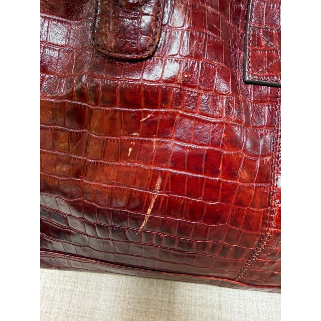 Embossed Crocodile Travel Satchel Bag, Maroon For Sale - Image 10 of 13