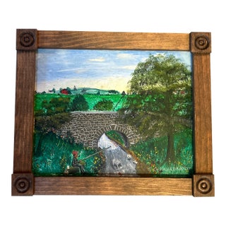 1970’s Original Folk Art Fisherman Under Bridge Landscape Painting For Sale