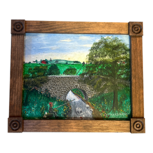 1970’s Original Folk Art Fisherman Under Bridge Landscape Painting