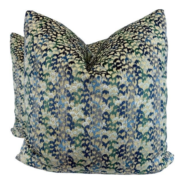 Epingle Cut Velvet in Blue/Green 22" Pillows-a Pair For Sale