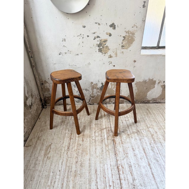 Vintage Oak Stools by Henri Bataille, 1960s, Set of 2 For Sale - Image 6 of 18