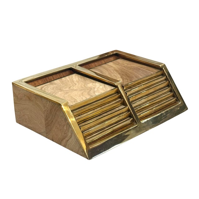 Signed Karl Springer Marble and Brass Coasters With Caddy For Sale In Miami - Image 6 of 10