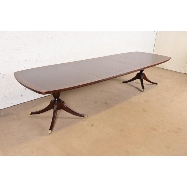 John Widdicomb Georgian Banded Mahogany Double Pedestal Extension Dining Table, Newly Refinished For Sale - Image 14 of 14