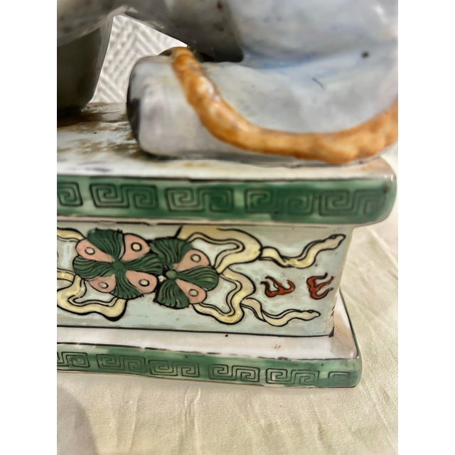 Vintage Famille Verte Chinoiserie Porcelain Foo Dog Guardian Lion With Ball For Sale - Image 9 of 12