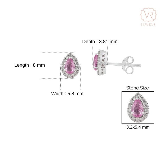 Natural Pear Cut Pink Sapphire & Diamond Halo Stud Earrings in 18k White Gold- 2 Pieces For Sale - Image 10 of 13