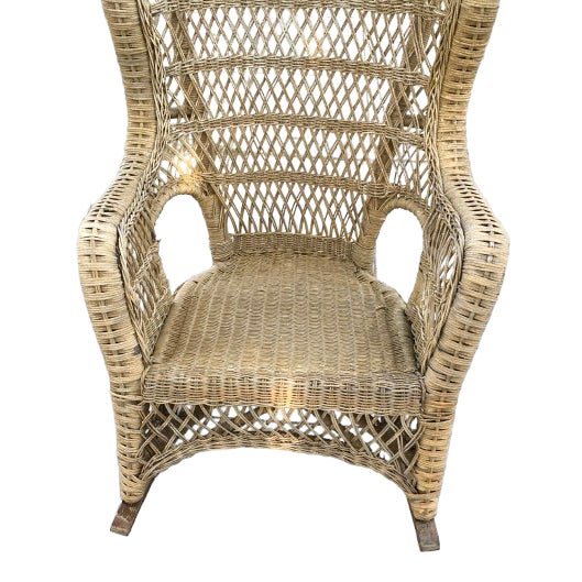 Early 20th Century Vintage Large 42” Wood Wicker Rocking Chair For Sale - Image 5 of 6