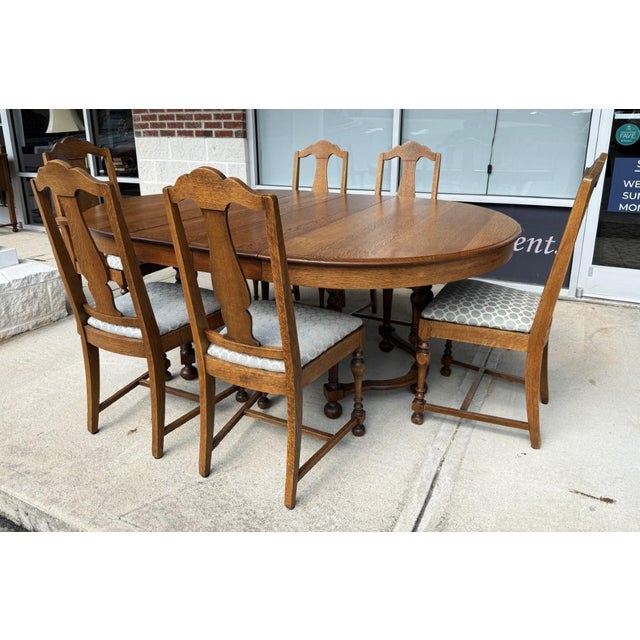 7 Piece j.b. Van Sciver Co. Refinished Antique Oak Round Dining Set With Two Leaves For Sale In Raleigh - Image 6 of 18