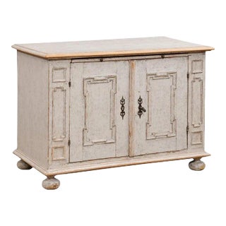 1740s Swedish Baroque Painted Buffet with Carved Doors and Pull Out Drawer For Sale
