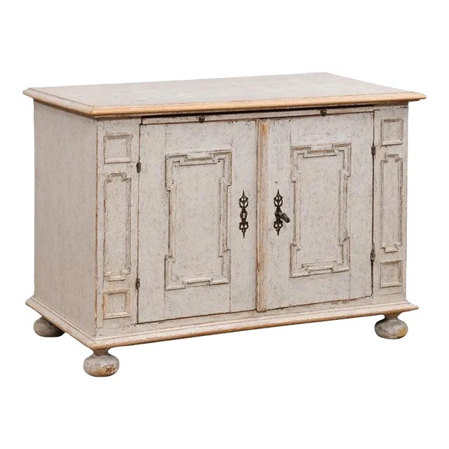 1740s Swedish Baroque Painted Buffet with Carved Doors and Pull Out Drawer For Sale