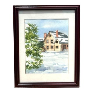 Framed Watercolor Painting Cottage in the Snow For Sale