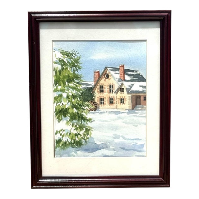 Framed Watercolor Painting Cottage in the Snow For Sale
