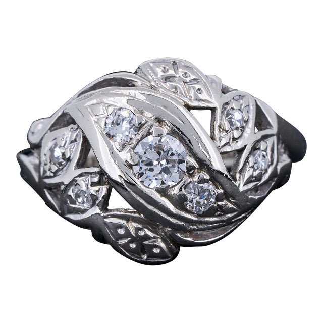 Vintage Art Nouveau Diamond Engagement 14k White Gold Anniversary Ring Size 4.25 For Sale