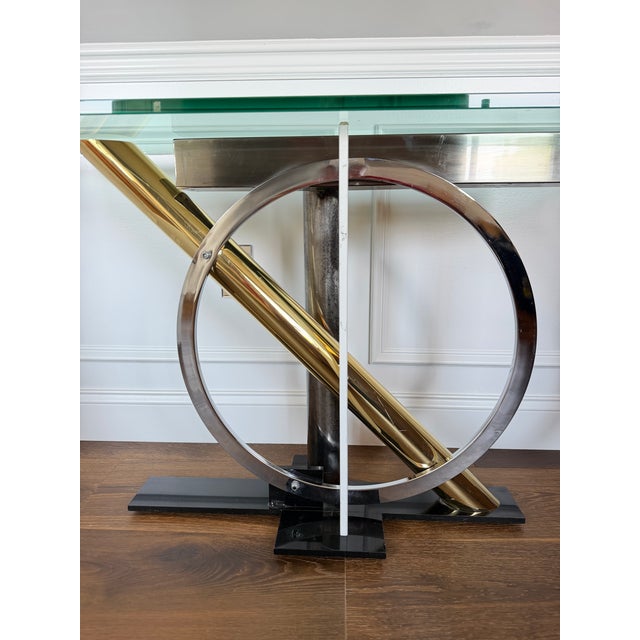 1990s Kaizo Oto for Design Institute America Postmodern Brass, Chrome & Glass Sculptural Console Table For Sale - Image 5 of 12