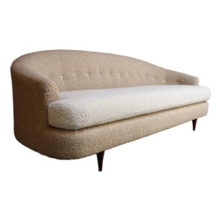 Danish Modern Curved Sofa in Teak and Two-Tone Bouclé by Selig For Sale