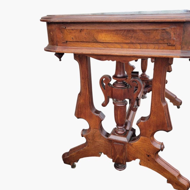 Antique 19th C American Victorian Walnut Parlor Table New Leather Top For Sale - Image 13 of 14