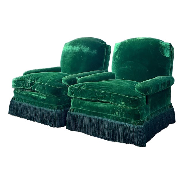 Vintage Emerald Velvet Lounge Chairs - A Pair For Sale