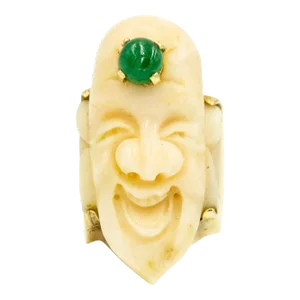 Carved Angel Skin Coral Smiling Buddha Face Gold Ring with Emerald Third Eye size 6.5