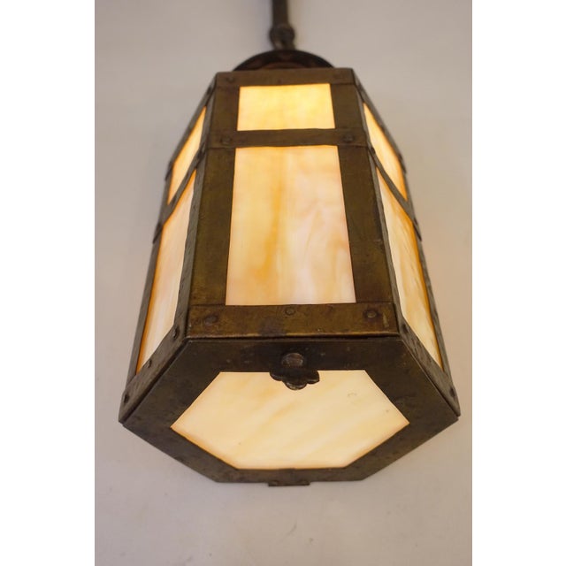 1910s Arts & Crafts Copper Iron Stained Glass Mission Hexagon Chimney Lantern Hanging Lamp 1910's For Sale - Image 11 of 14