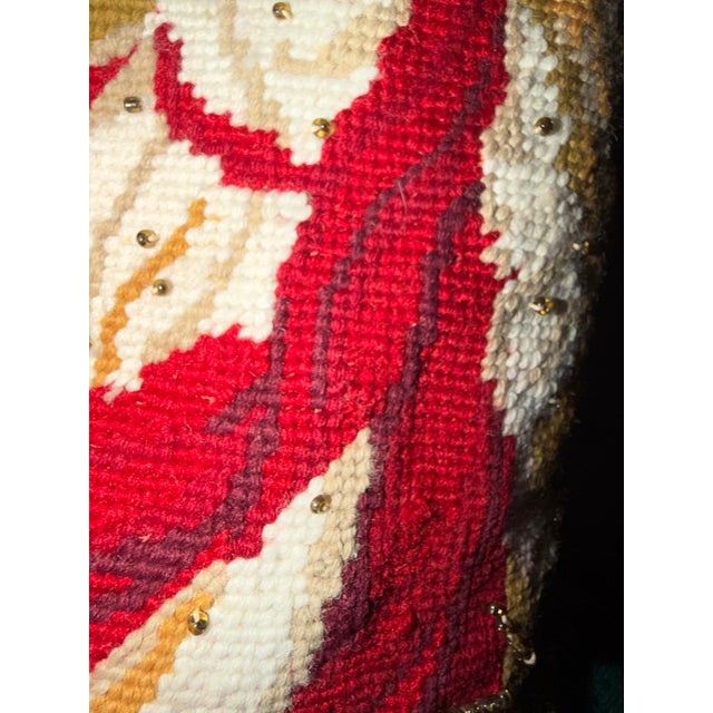 Vintage Christmas angel motif handmade needlepoint velvet and wool red stocking.