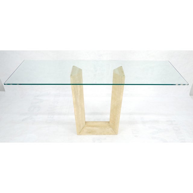 Travertine Sculptural Low Profile U Shape Base Glass Top Console Table MINT For Sale - Image 6 of 14