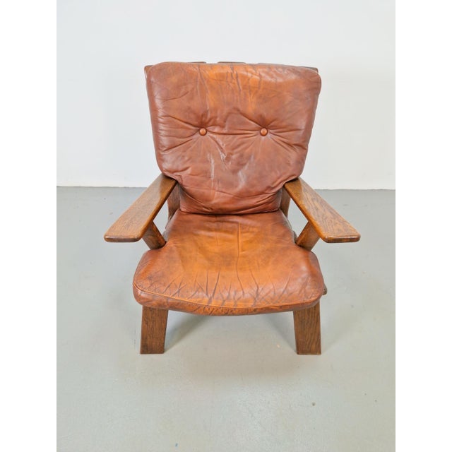 Brutalist Wood Armchair with Brown Leather Upholstery, Germany, 1960s For Sale - Image 13 of 15