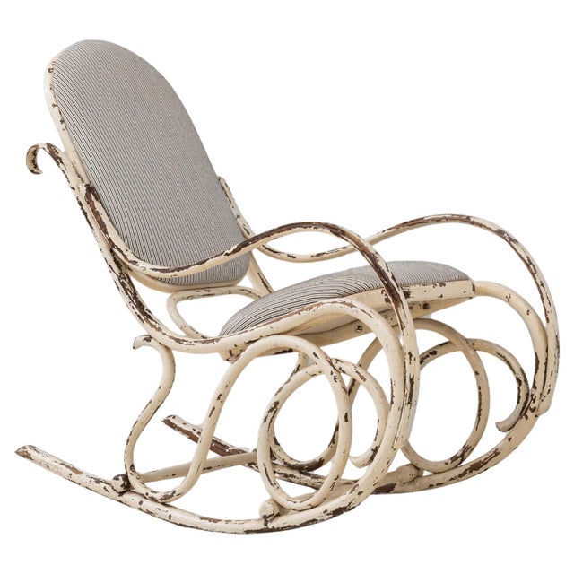 1920s Austrian Thonet-Style Bentwood Rocking Chair with Striped Upholstery For Sale - Image 15 of 18