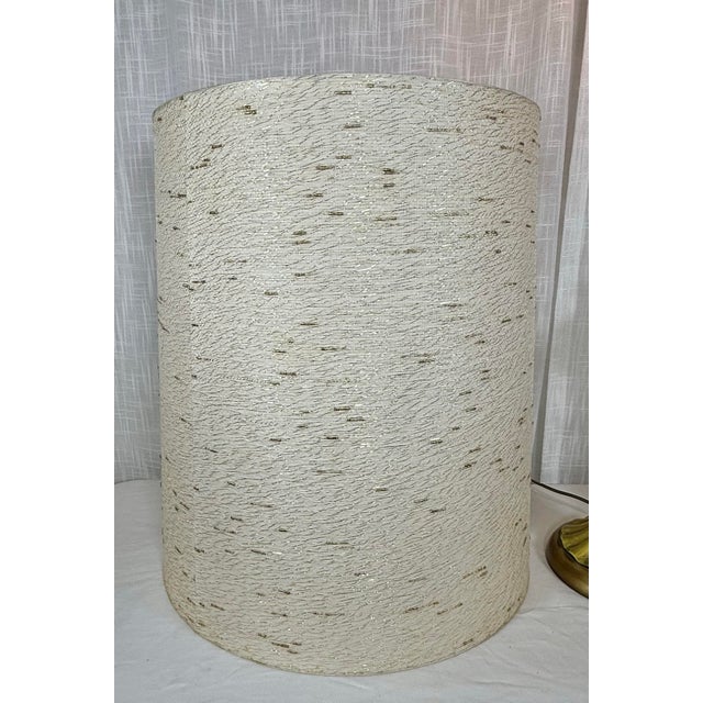 Vintage Hollywood Regency Brass & Saffron Yellow Torchiere Table Lamp For Sale - Image 9 of 11