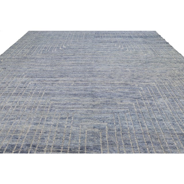 Hand-Knotted Slate Blue Moroccan Wool Rug Modern Geometric Maze Design 12x16 For Sale In New York - Image 6 of 10