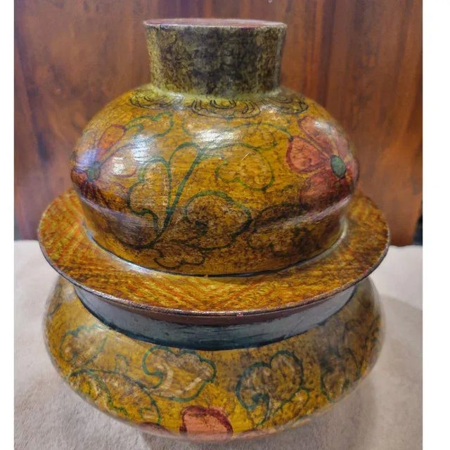 Wooden Painted Tibetan Covered Bowl For Sale - Image 4 of 9