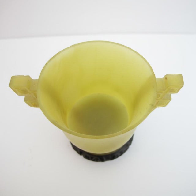 Chinese Archaistic Yellow Jade Twin Handled Libation Cup With Carved Wood Stand For Sale - Image 12 of 12