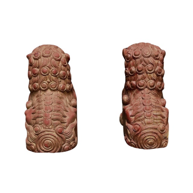 Chinese Foo Dogs in Red Wood, Set of 2 For Sale - Image 3 of 8
