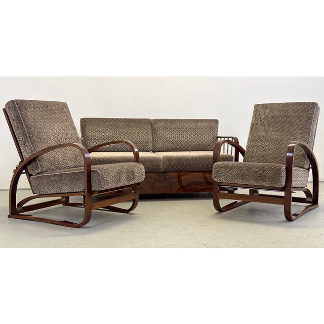 An exceptional art deco lounge suite designed by jindřich halabala for up závody in brno, czechoslovakia. The set...