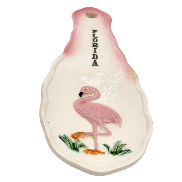 Mid-Century Modern 1950s Mid-Century Modern Hand Painted Spoon Rest 3d Flamingo Florida W/ Tropical Beach Theme For Sale - Image 3 of 5