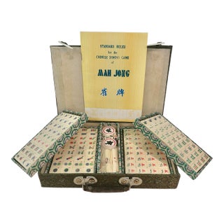Vintage Chinese Bone & Bamboo Mah Jong Set in Silk Brocade Case With Original Booklet & Wrapped Tiles For Sale