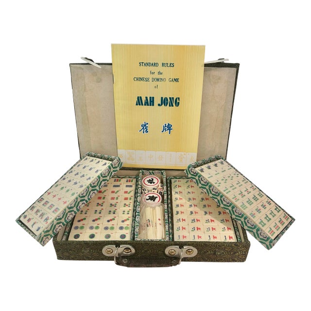 Vintage Chinese Bone & Bamboo Mah Jong Set in Silk Brocade Case With Original Booklet & Wrapped Tiles For Sale