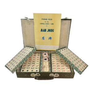 Vintage Chinese Bone & Bamboo Mah Jong Set in Silk Brocade Case With Original Booklet & Wrapped Tiles